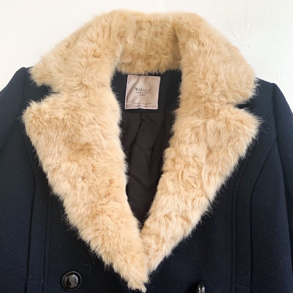 Zara Trafaluc Black Double Breasted Wool Pea Coat Faux Fur Collar Navy Blue Sz S - Picture 5 of 10
